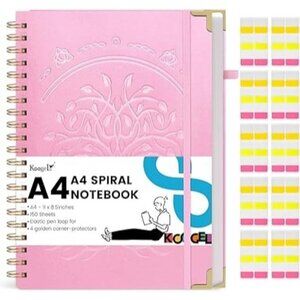 Koogel Pink Spiral Notebook A4, Hardcover Notebook College Ruled Journal